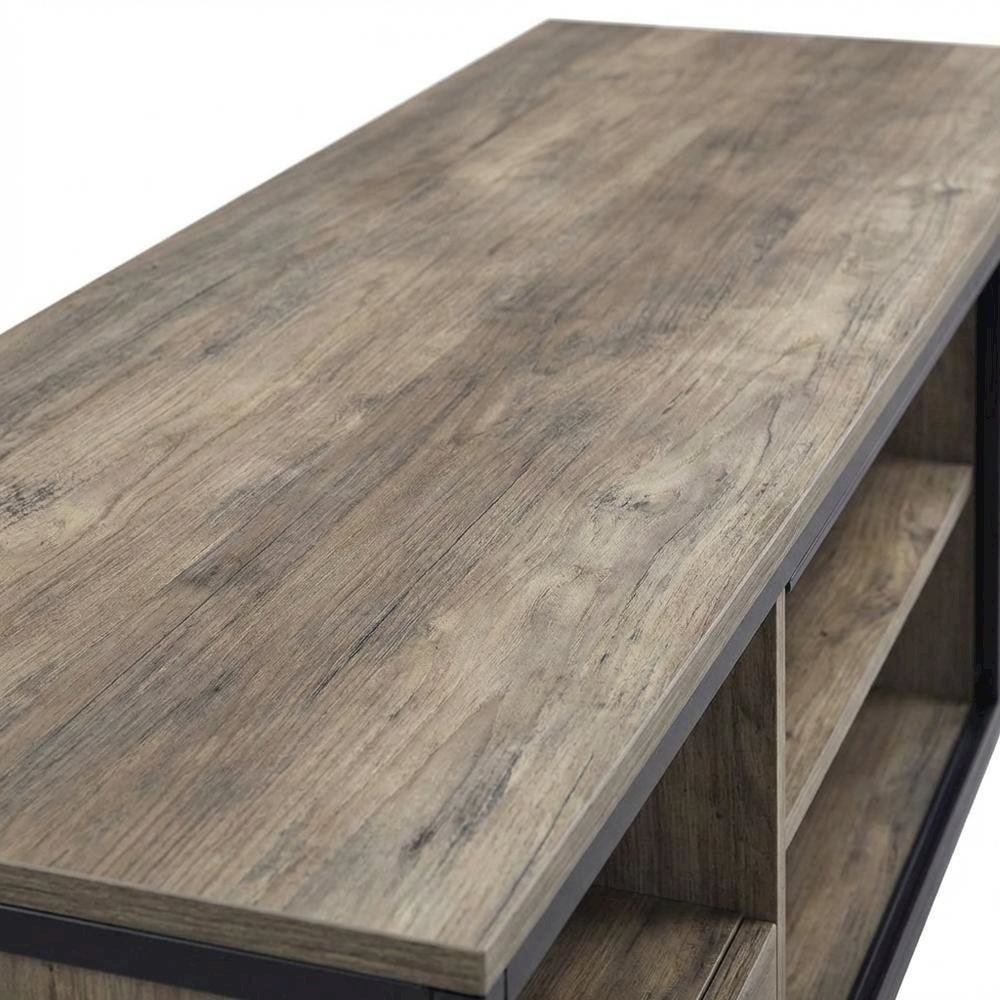 Industrial-style TV stand in Rustic Oak and Black finish with metal accents. Picture 5