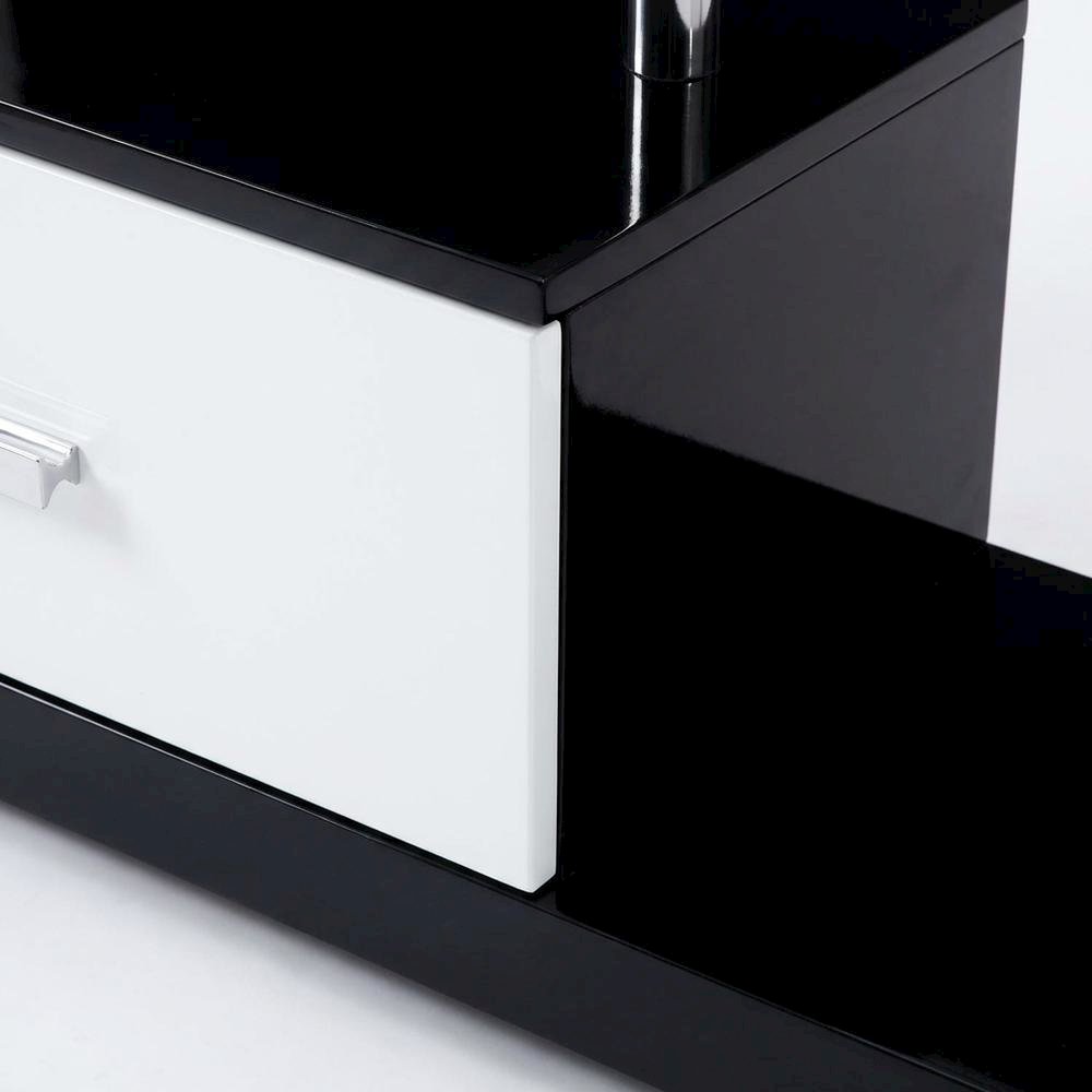 Modern White and Black TV Stand with Glass Shelves and Chrome Frame. Picture 6