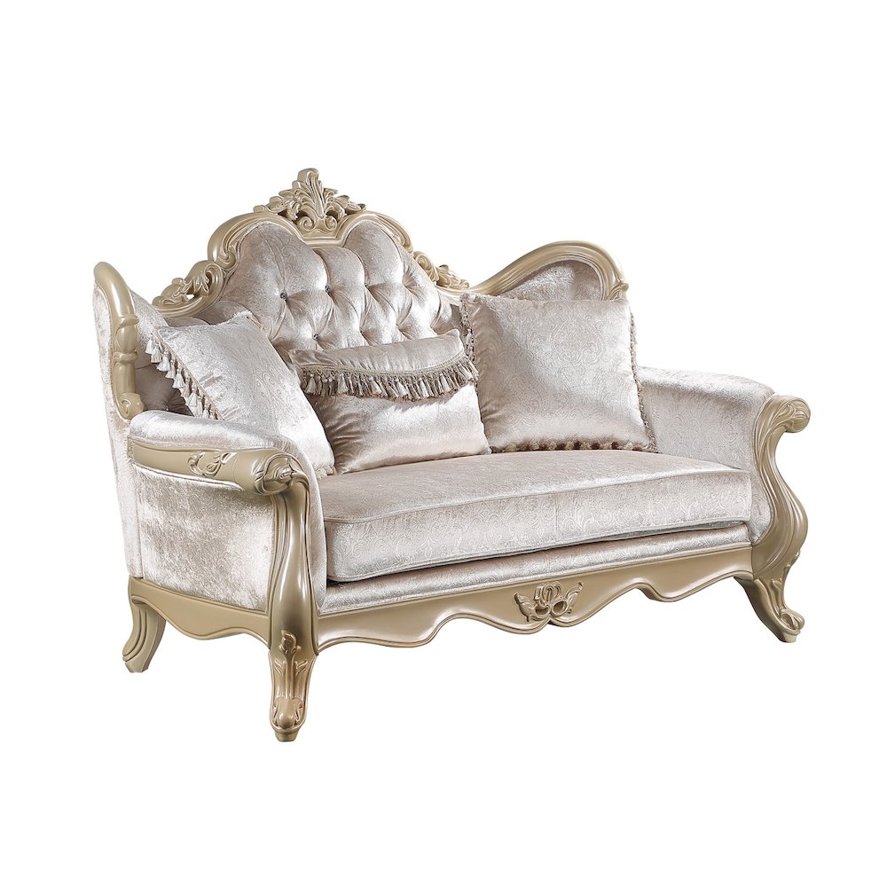 Libertee Loveseat w/3 Pillows in Beige Fabric & Champagne Finish. Picture 1