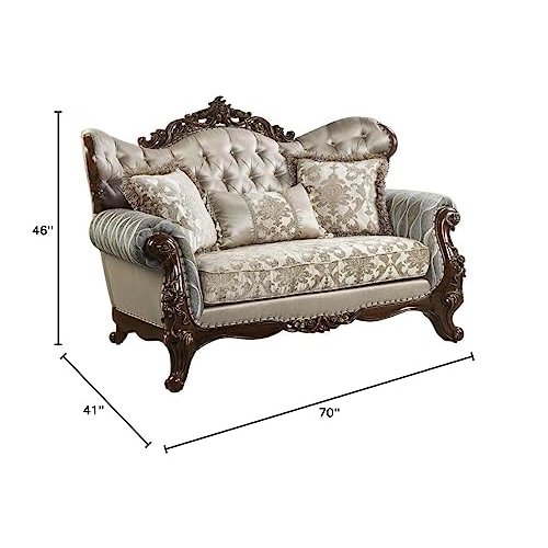 Benbek Loveseat w/3 Pillows in Fabric & Antique Oak Finish. Picture 3