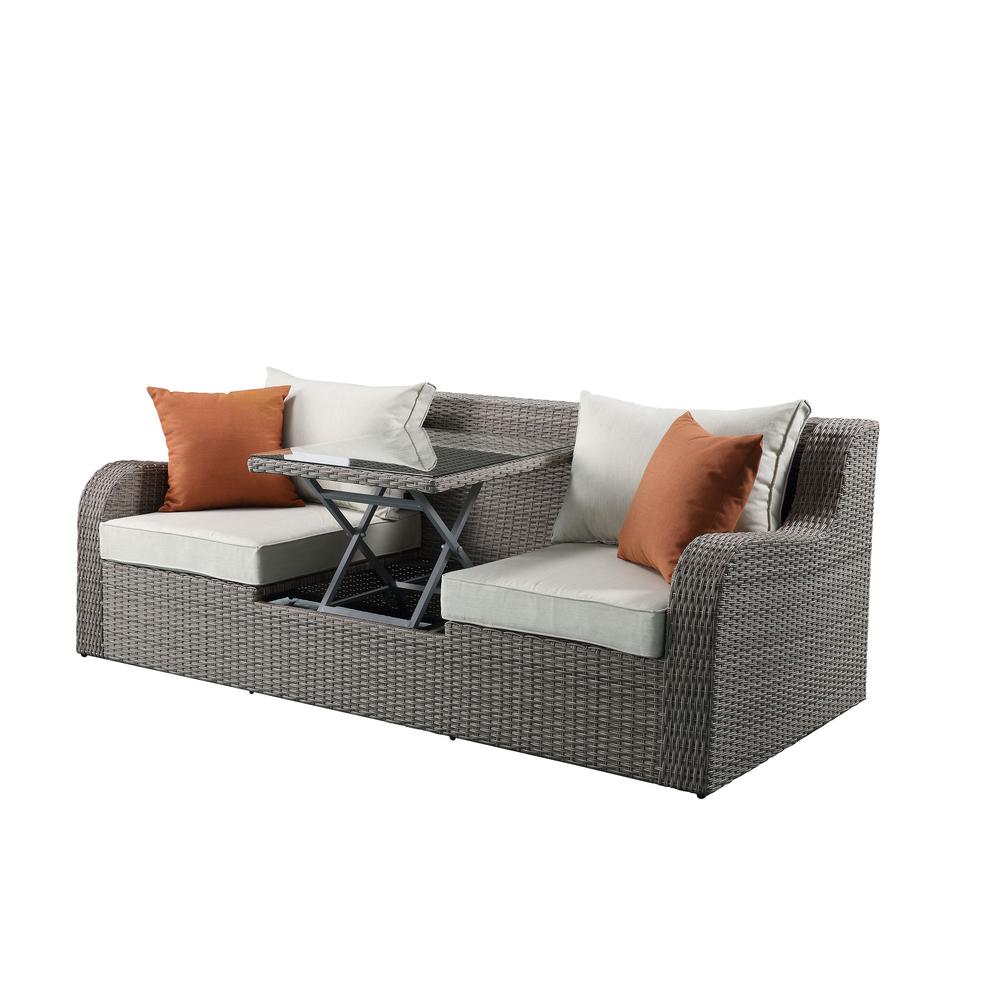 Salena Patio Sofa w/2 Pillows & 2 Ottomans Beige Fabric & Gray Wicker. Picture 2