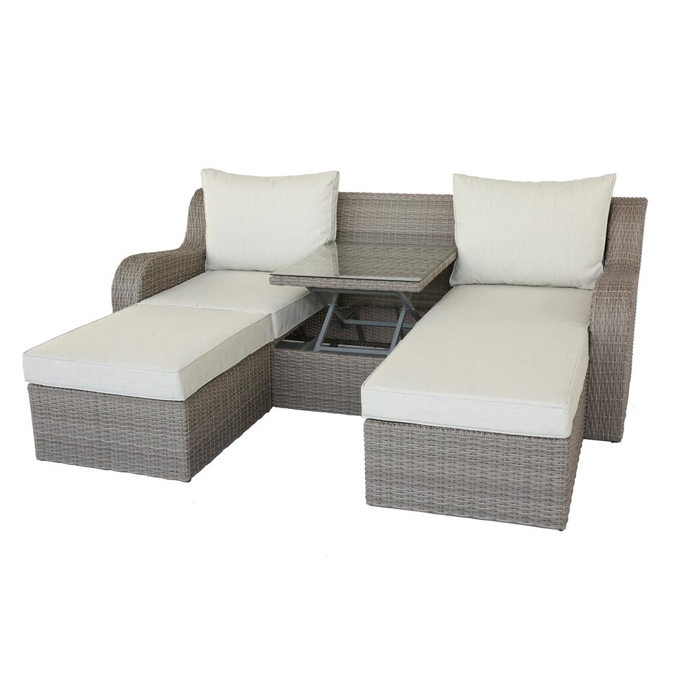 Salena Patio Sofa w/2 Pillows & 2 Ottomans Beige Fabric & Gray Wicker. Picture 3