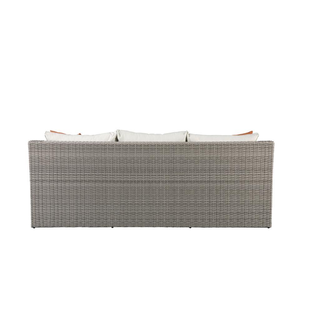 Salena Patio Sofa w/2 Pillows & 2 Ottomans Beige Fabric & Gray Wicker. Picture 4
