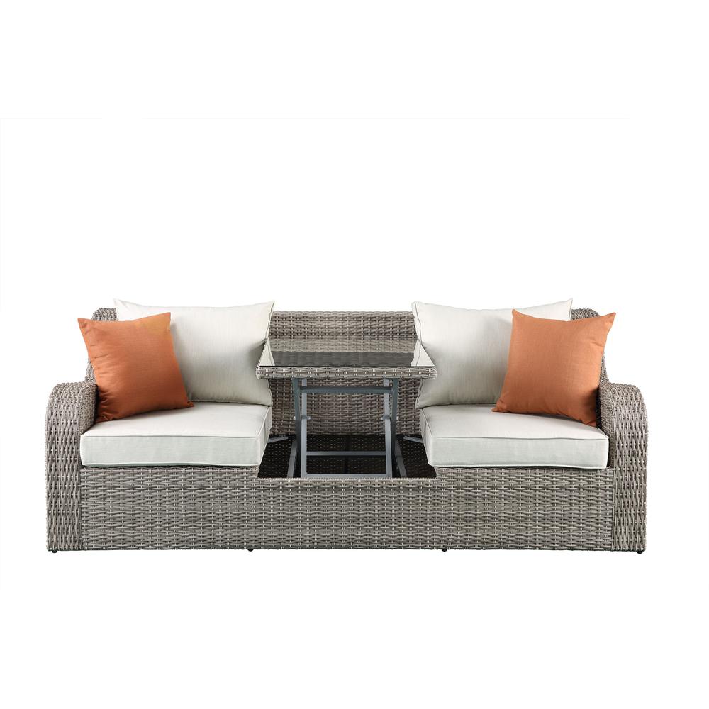 Salena Patio Sofa w/2 Pillows & 2 Ottomans Beige Fabric & Gray Wicker. Picture 5
