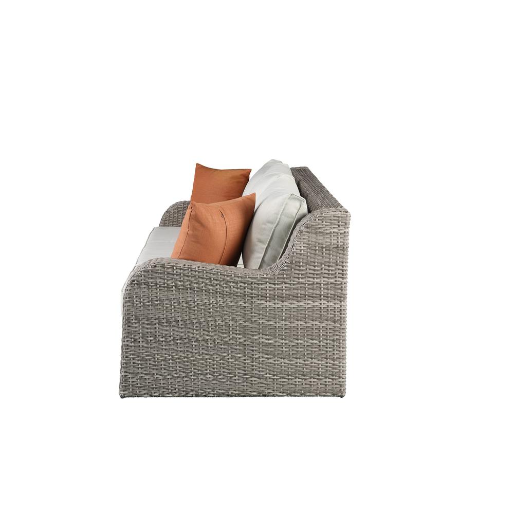 Salena Patio Sofa w/2 Pillows & 2 Ottomans Beige Fabric & Gray Wicker. Picture 6