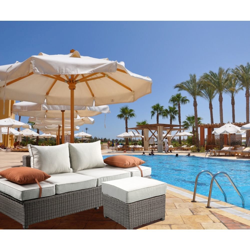 Salena Patio Sofa w/2 Pillows & Ottoman Beige Fabric & Gray Wicker. Picture 1