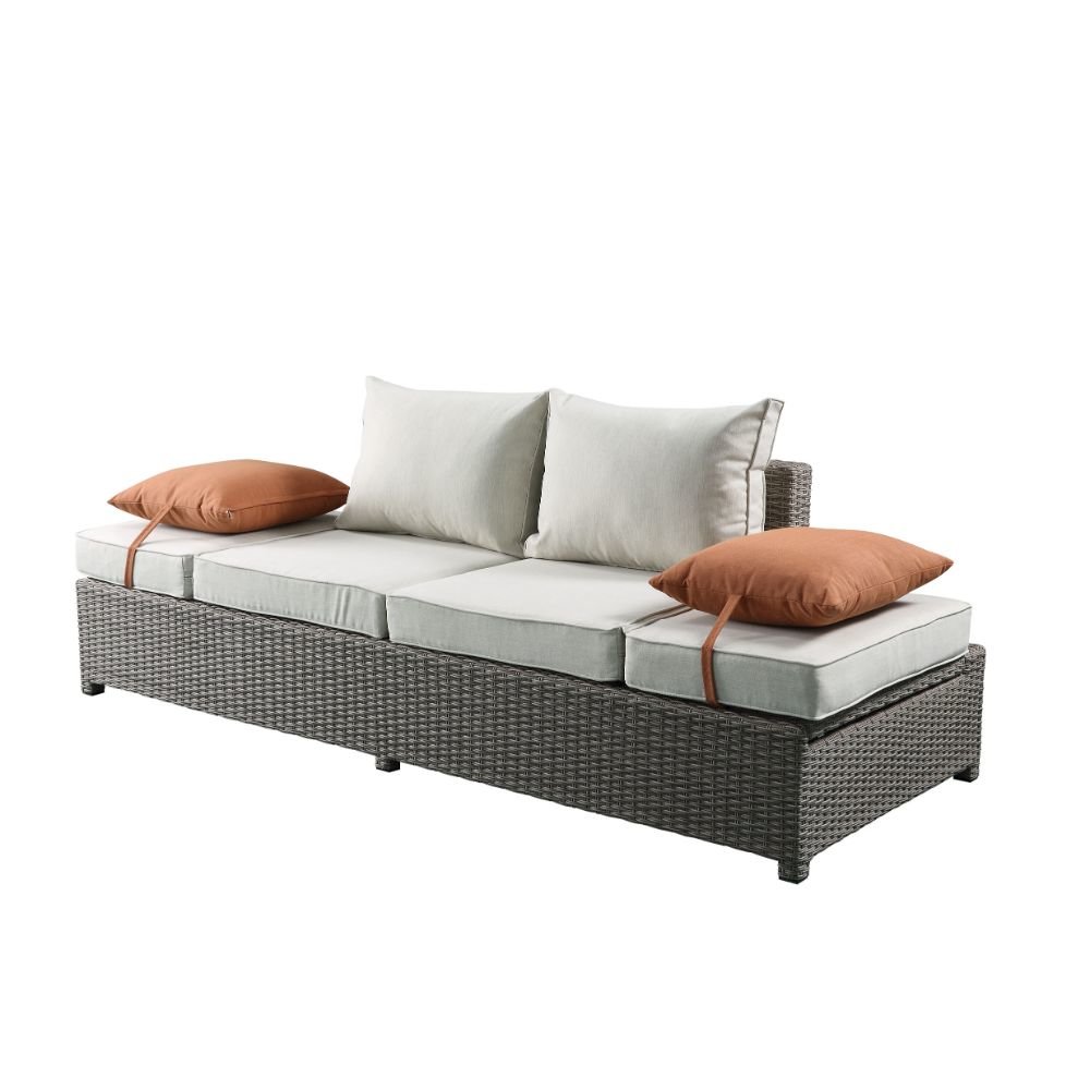 Salena Patio Sofa w/2 Pillows & Ottoman Beige Fabric & Gray Wicker. Picture 2