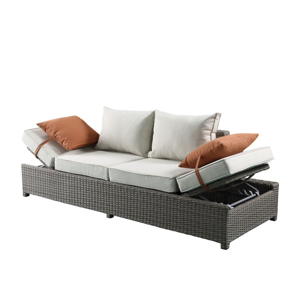Salena Patio Sofa w/2 Pillows & Ottoman Beige Fabric & Gray Wicker. Picture 4