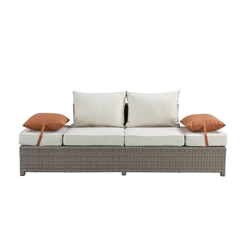 Salena Patio Sofa w/2 Pillows & Ottoman Beige Fabric & Gray Wicker. Picture 5