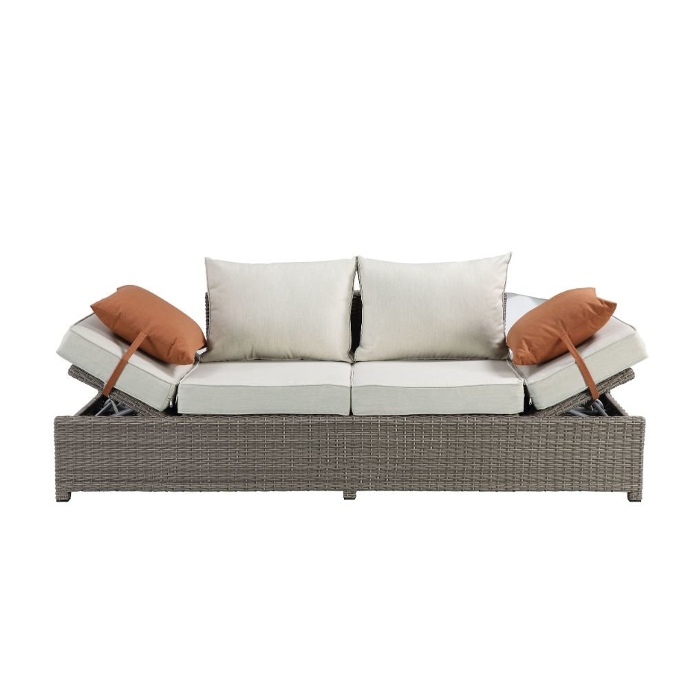 Salena Patio Sofa w/2 Pillows & Ottoman Beige Fabric & Gray Wicker. Picture 6