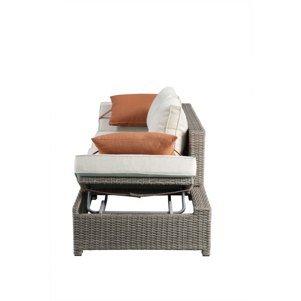 Salena Patio Sofa w/2 Pillows & Ottoman Beige Fabric & Gray Wicker. Picture 7