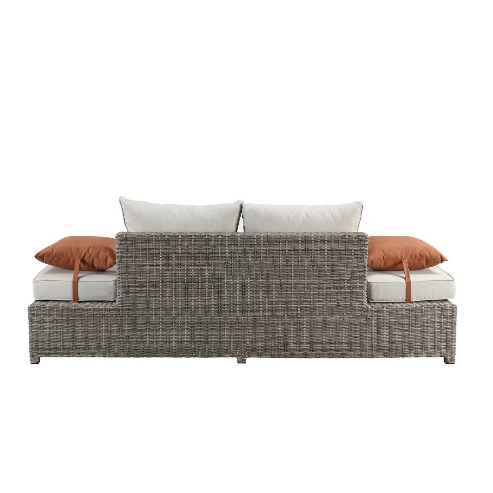 Salena Patio Sofa w/2 Pillows & Ottoman Beige Fabric & Gray Wicker. Picture 9