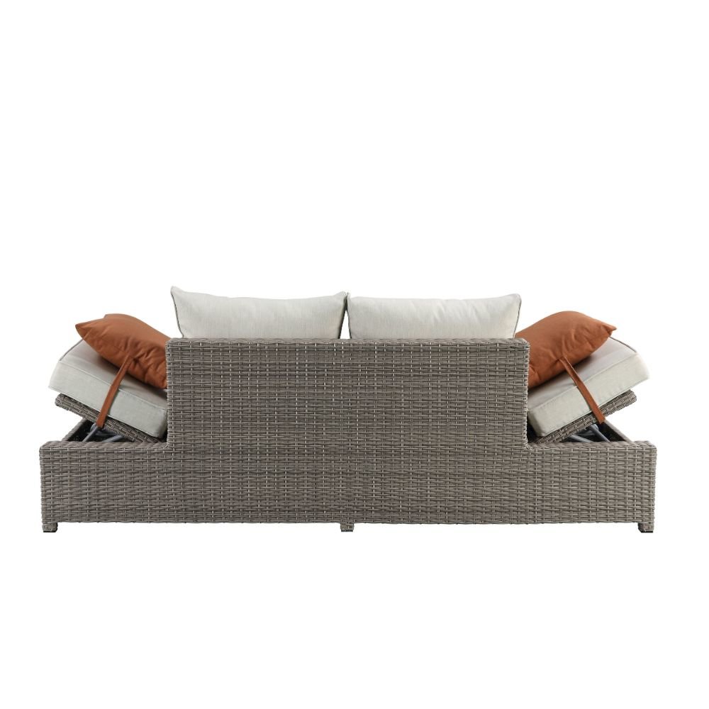 Salena Patio Sofa w/2 Pillows & Ottoman Beige Fabric & Gray Wicker. Picture 10