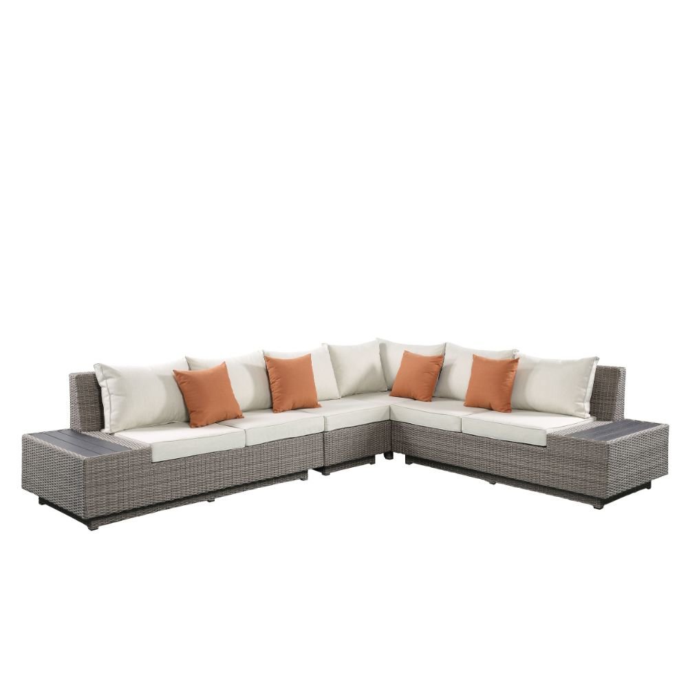 Salena Patio Sectional Sofa w/4 Pillows & Coffee Table Beige Fabric & Gray Wicke. Picture 2