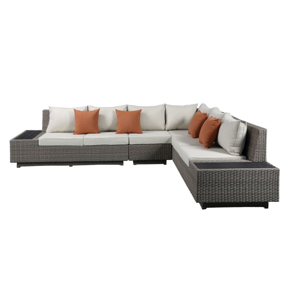 Salena Patio Sectional Sofa w/4 Pillows & Coffee Table Beige Fabric & Gray Wicke. Picture 3