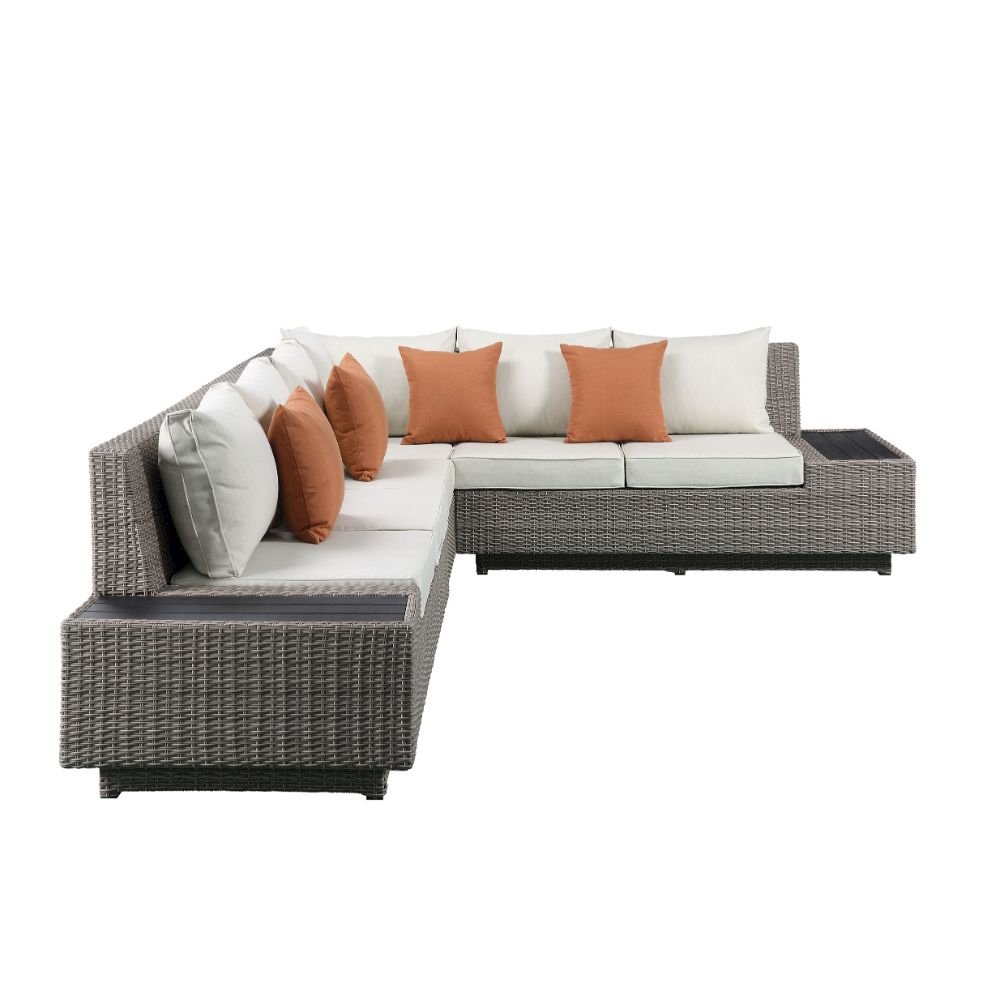 Salena Patio Sectional Sofa w/4 Pillows & Coffee Table Beige Fabric & Gray Wicke. Picture 4