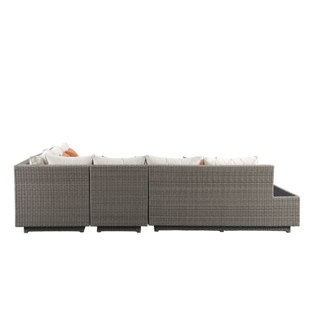 Salena Patio Sectional Sofa w/4 Pillows & Coffee Table Beige Fabric & Gray Wicke. Picture 5