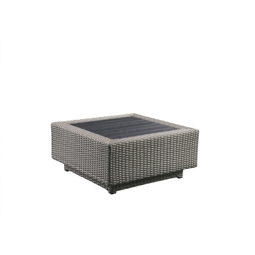 Salena Patio Sectional Sofa w/4 Pillows & Coffee Table Beige Fabric & Gray Wicke. Picture 6