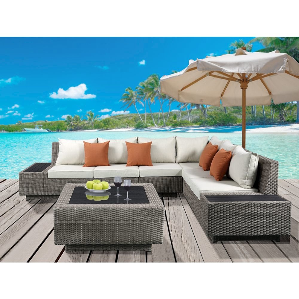 Salena Patio Sectional Sofa w/4 Pillows & Coffee Table Beige Fabric & Gray Wicke. Picture 9