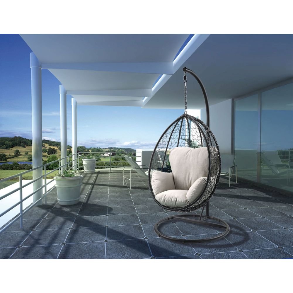 Simona Hanging Chair Beige Fabric & Black Wicker. Picture 1