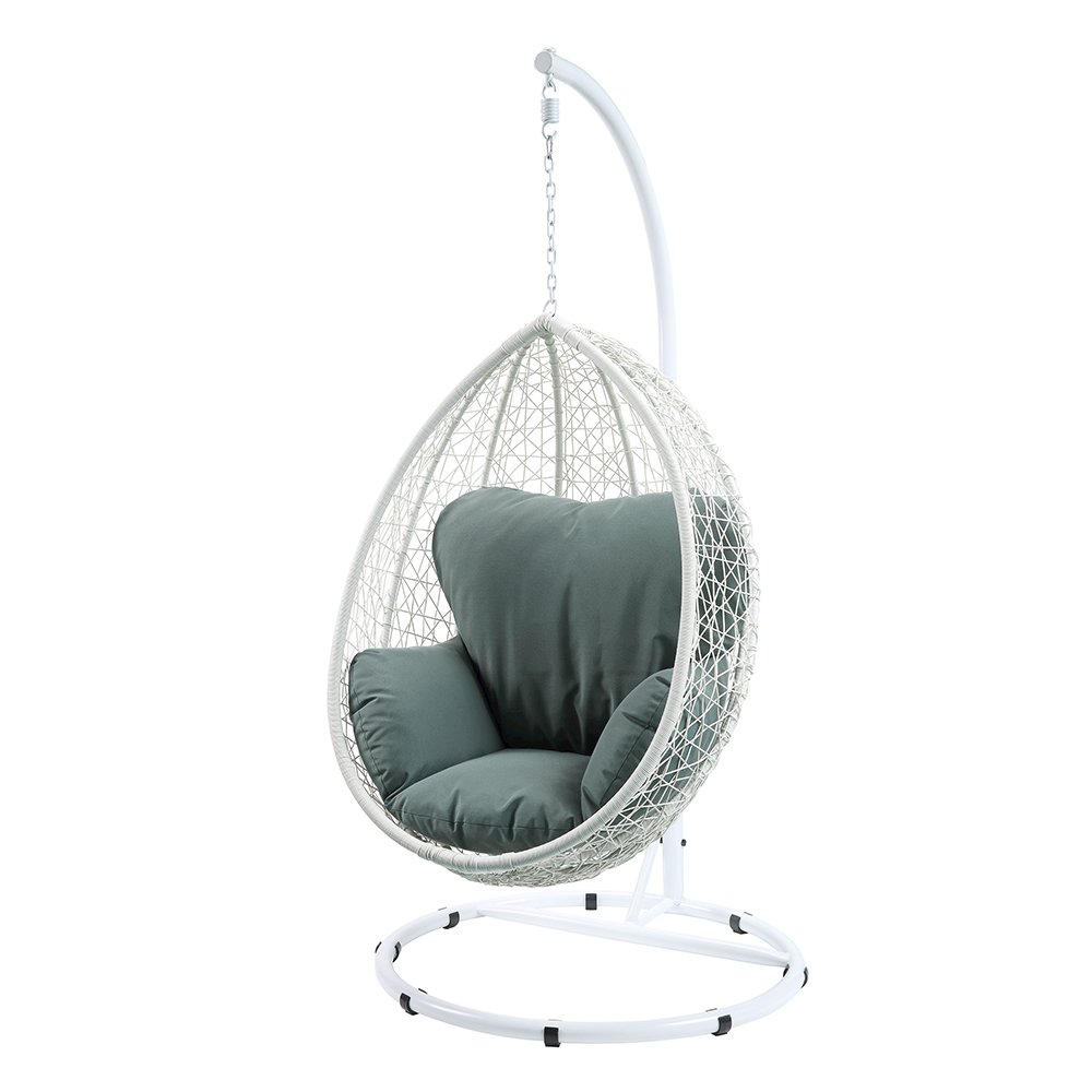 Simona Hanging Chair Green Fabric & White Wicker. Picture 2