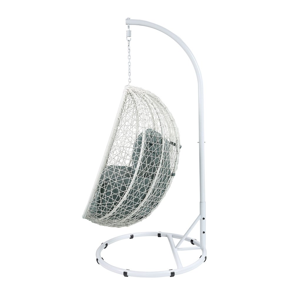 Simona Hanging Chair Green Fabric & White Wicker. Picture 5