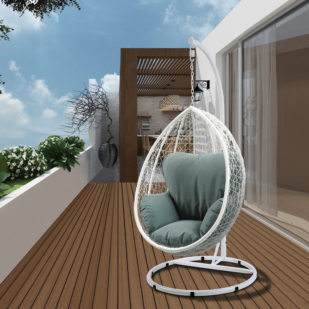 Simona Hanging Chair Green Fabric & White Wicker. Picture 1