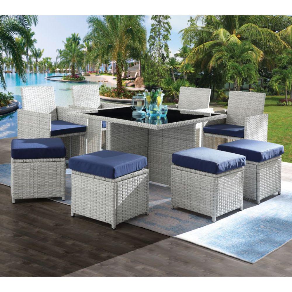 Paitalyi 9Pc Bistro Set Blue Fabric & Wicker. Picture 1