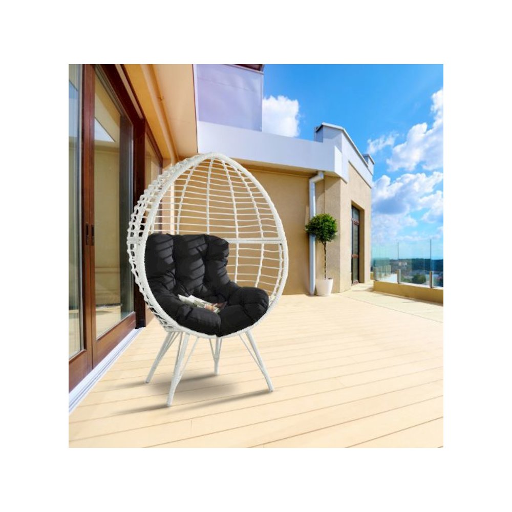 Galzed Patio Lounge Chair Black Fabric & White Wicker. Picture 5
