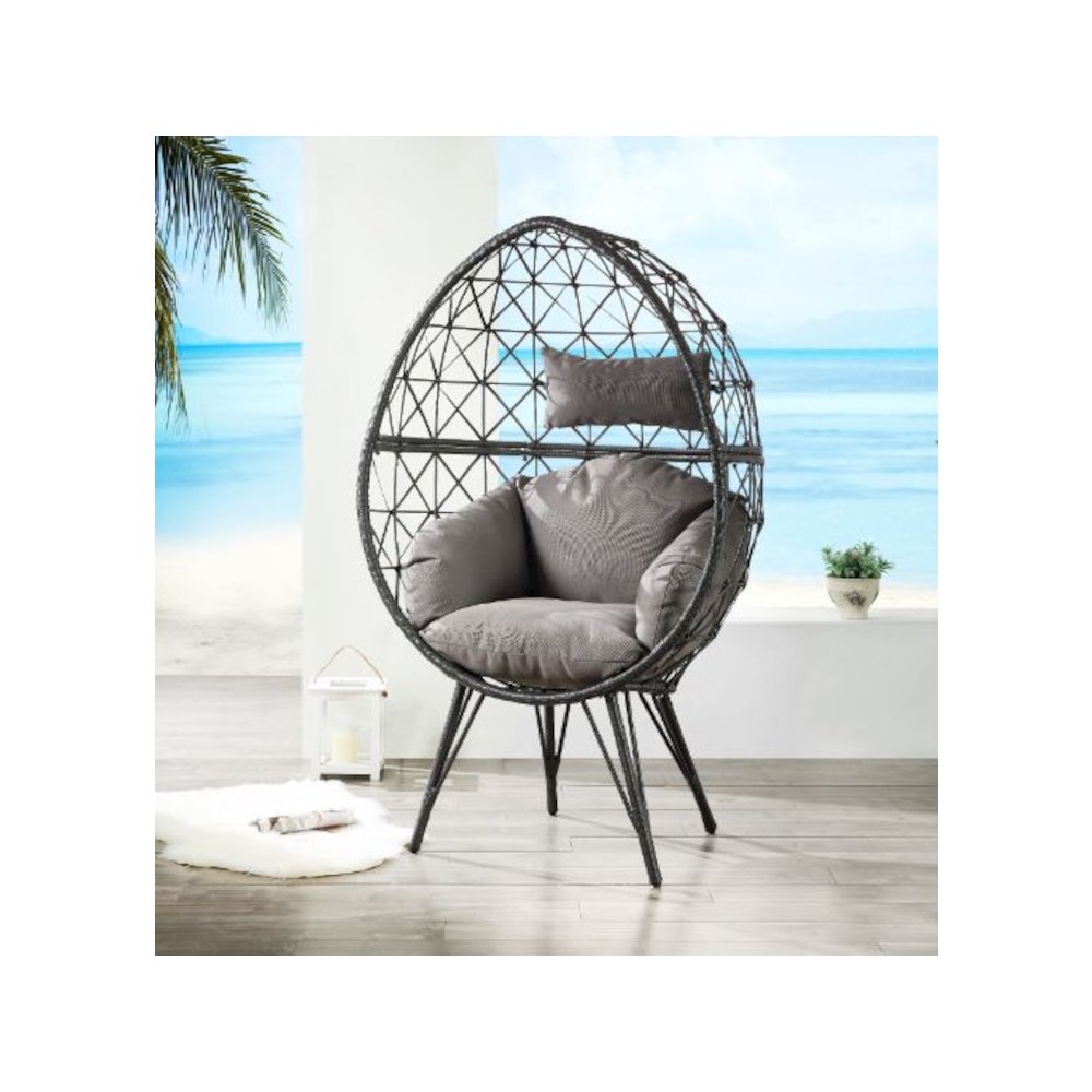 Aeven Patio Lounge Chair Light Gray Fabric & Black Wicker. Picture 5