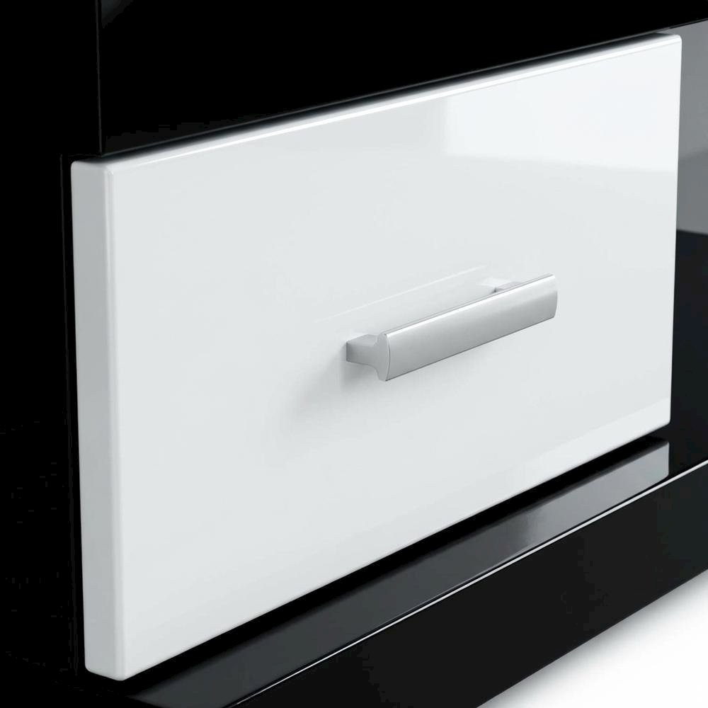 Modern White and Black TV Stand with Glass Shelves and Chrome Frame. Picture 5