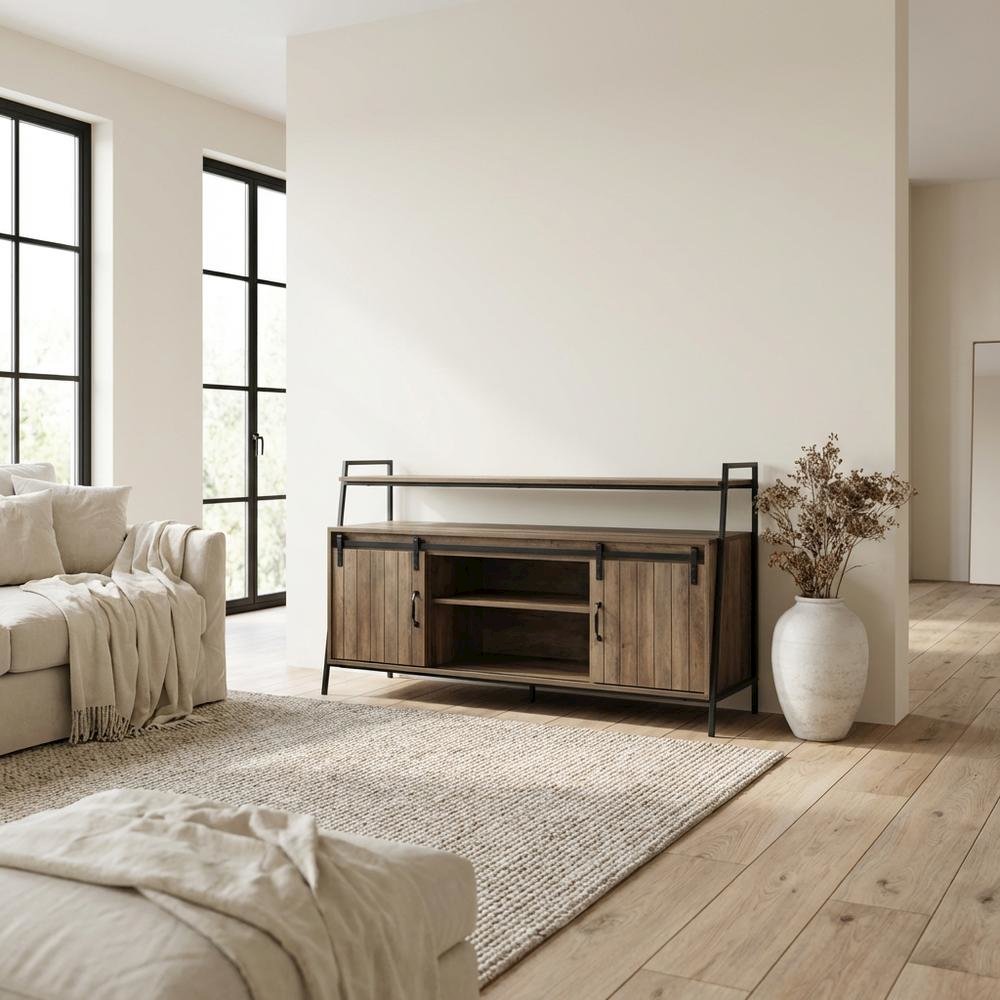 Industrial TV Stand in Rustic Oak & Black Finish with MDF, Metal, Veneer. Picture 3