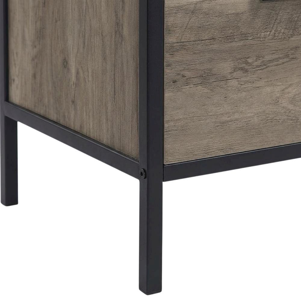 Industrial-style TV stand in Rustic Oak and Black finish with metal accents. Picture 6