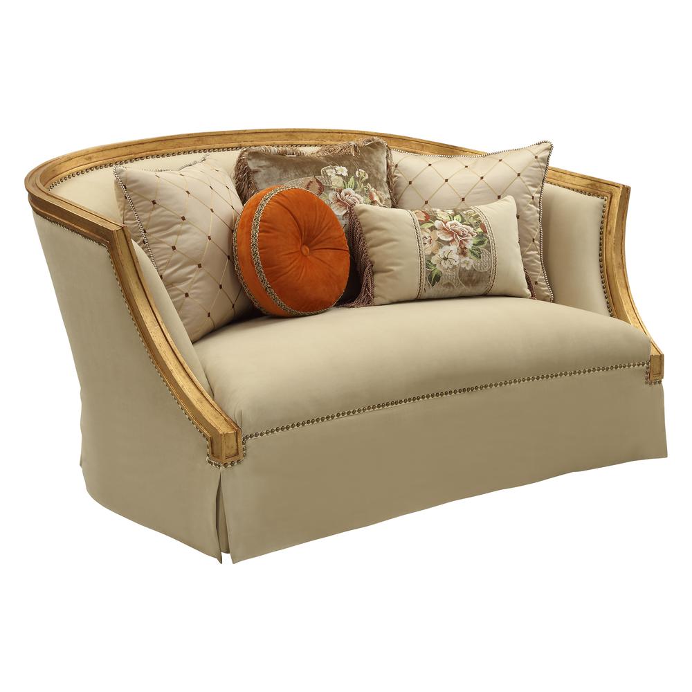 Daesha Loveseat w/5 Pillows Tan Flannel & Antique Gold. Picture 1