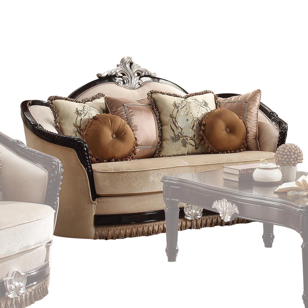Ernestine Loveseat w/6 Pillows Tan Fabric & Black. Picture 1