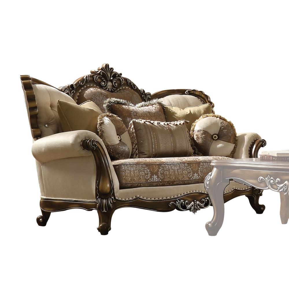 Latisha Loveseat w/5 Pillows, Tan, Pattern Fabric & Antique Oak  (52116). Picture 1