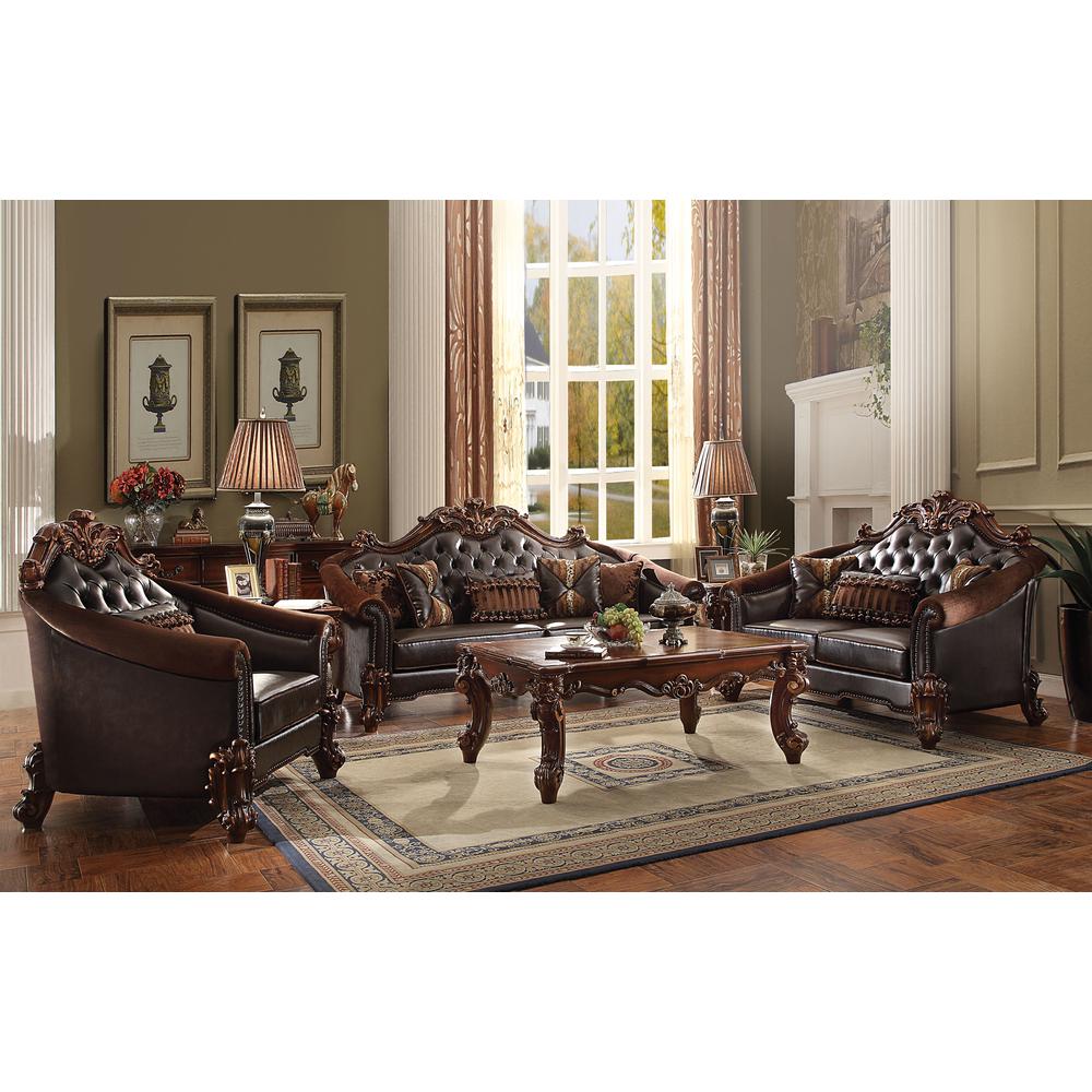 Vendome II Loveseat w/3 Pillows Two Tone Dark Brown Synthetic Leather & Cherry. Picture 1