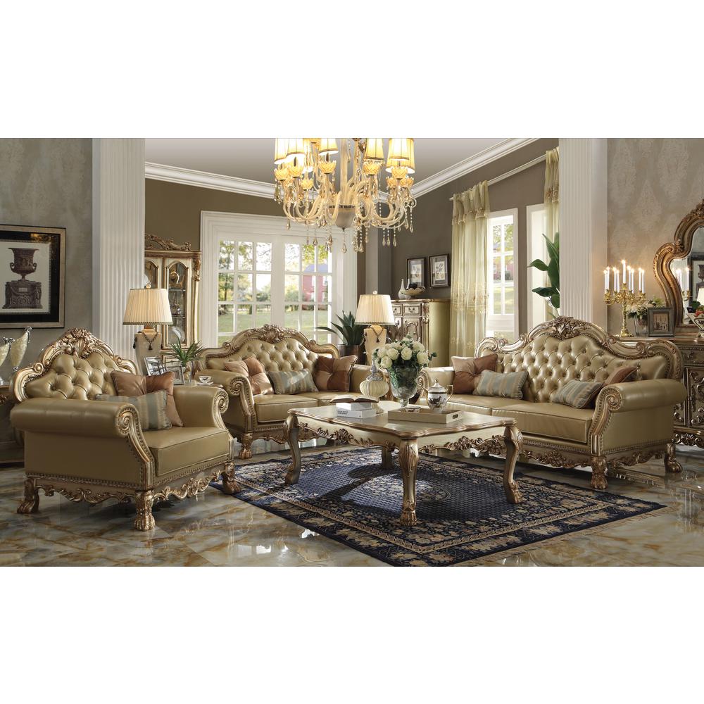 Dresden Sofa w/4 Pillows, Bone PU & Gold Patina (53160). Picture 1
