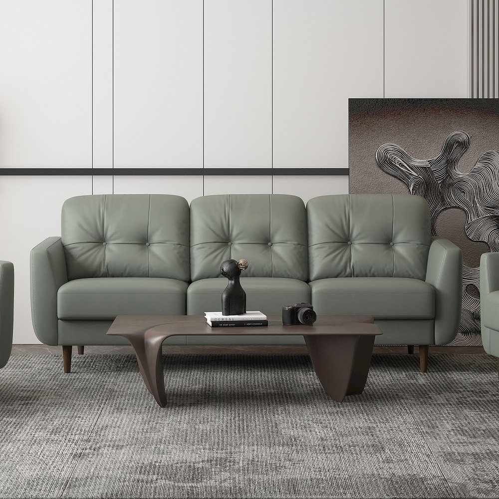 Radwan Sofa Pesto Green Top Grain Leather. Picture 1