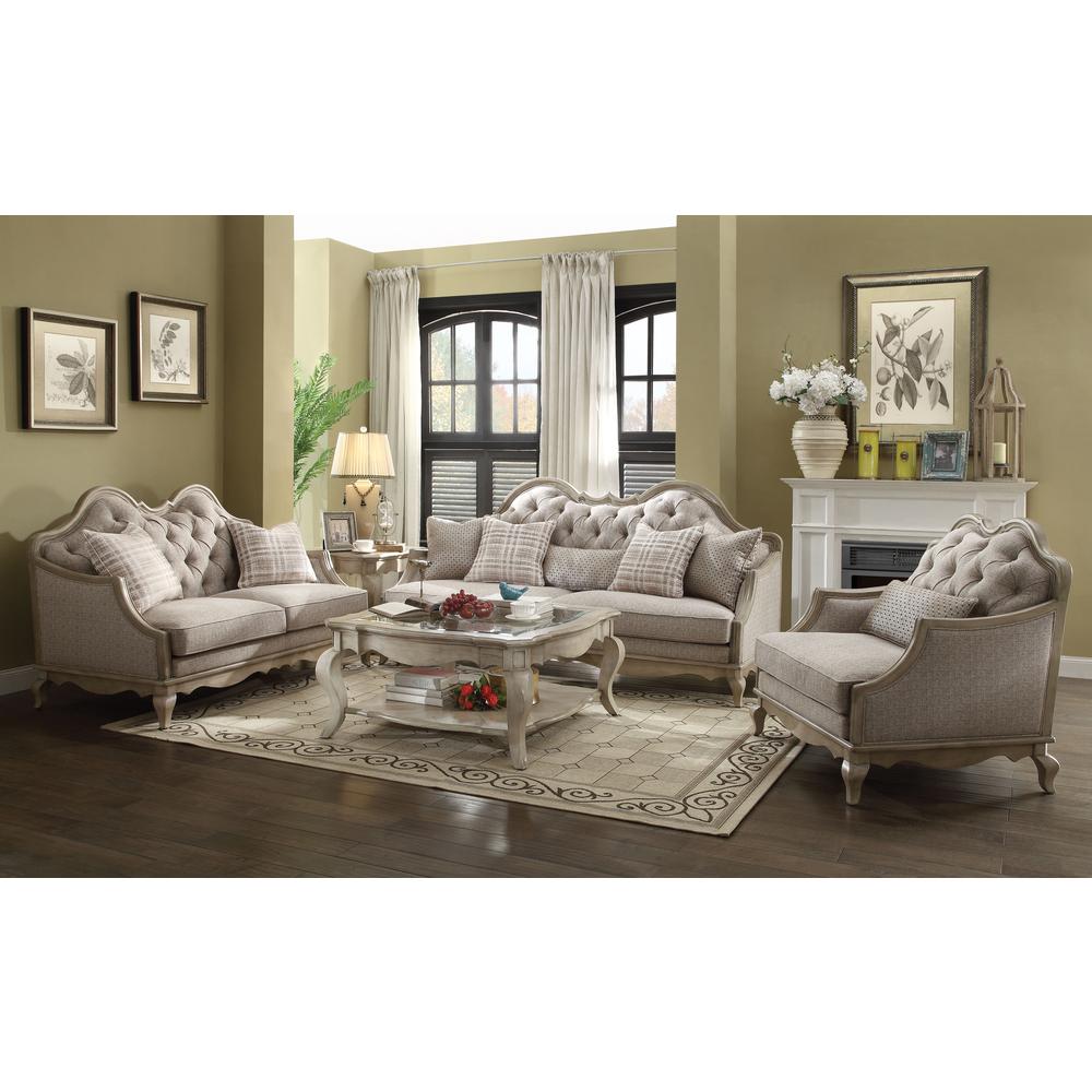 Chelmsford Loveseat w/2 Pillows Beige Fabric & Antique Taupe. Picture 1