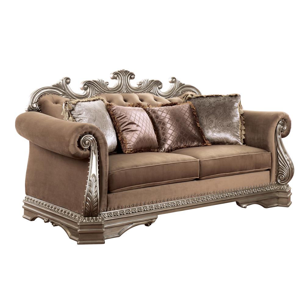 Northville Loveseat w/4 Pillows Velvet & Antique Silver. Picture 1