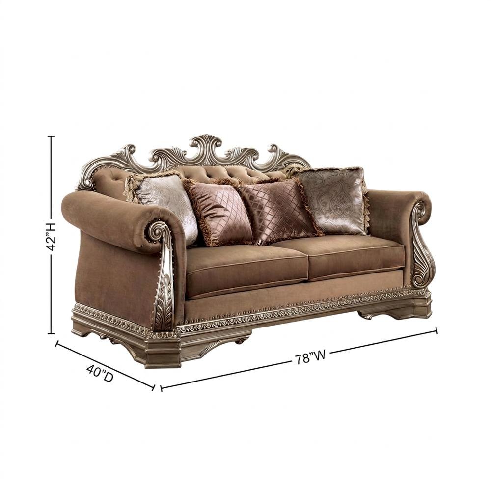 Velvet-Upholstered Loveseat with 4 Throw Pillows, Antique Silver. Picture 5