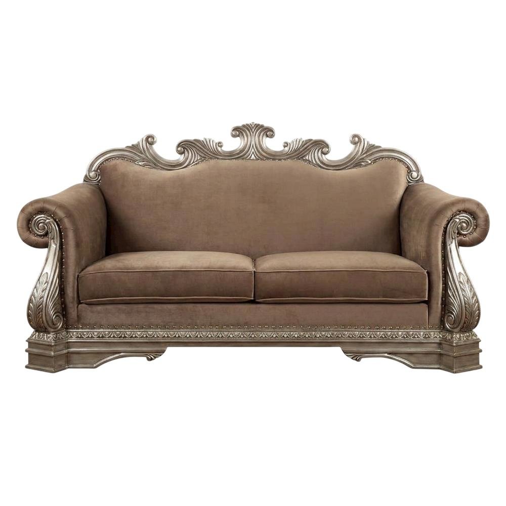 Velvet-Upholstered Loveseat with 4 Throw Pillows, Antique Silver. Picture 1