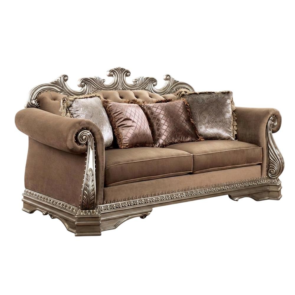 Velvet-Upholstered Loveseat with 4 Throw Pillows, Antique Silver. Picture 4