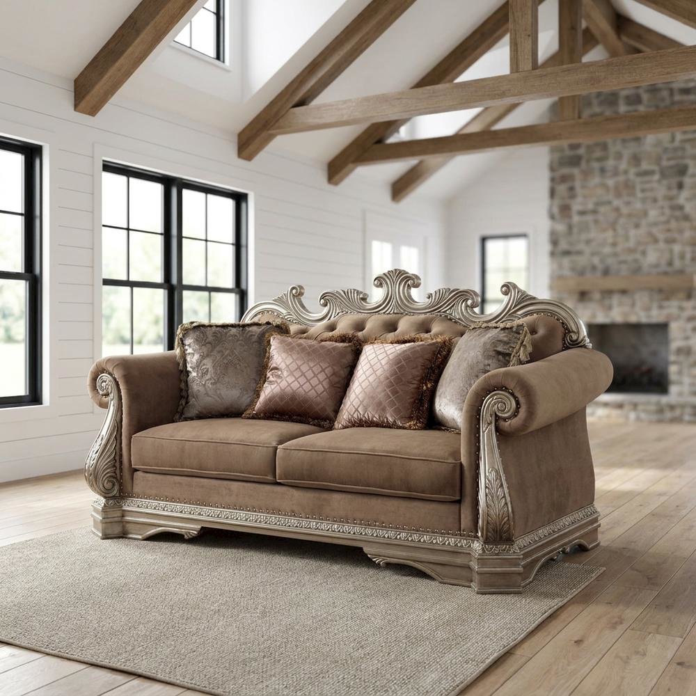 Velvet-Upholstered Loveseat with 4 Throw Pillows, Antique Silver. Picture 2