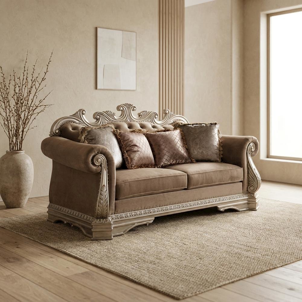 Velvet-Upholstered Loveseat with 4 Throw Pillows, Antique Silver. Picture 3