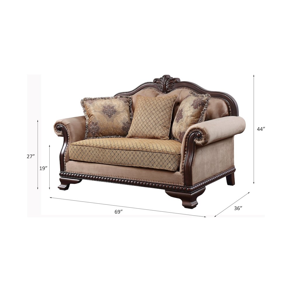 Chateau De Ville Loveseat w/3 Pillows(Same LV01589) Fabric & Espresso. Picture 1