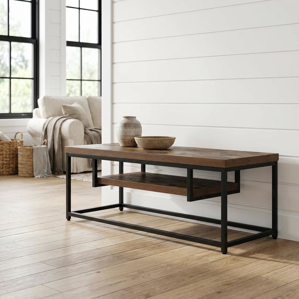 Weathered Oak & Black Metal TV Stand with Elegant Storage Design. Picture 2