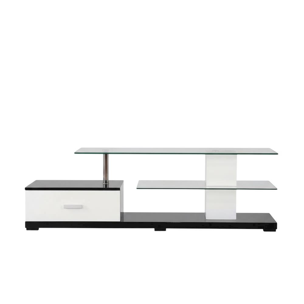 Modern White and Black TV Stand with Glass Shelves and Chrome Frame. Picture 4