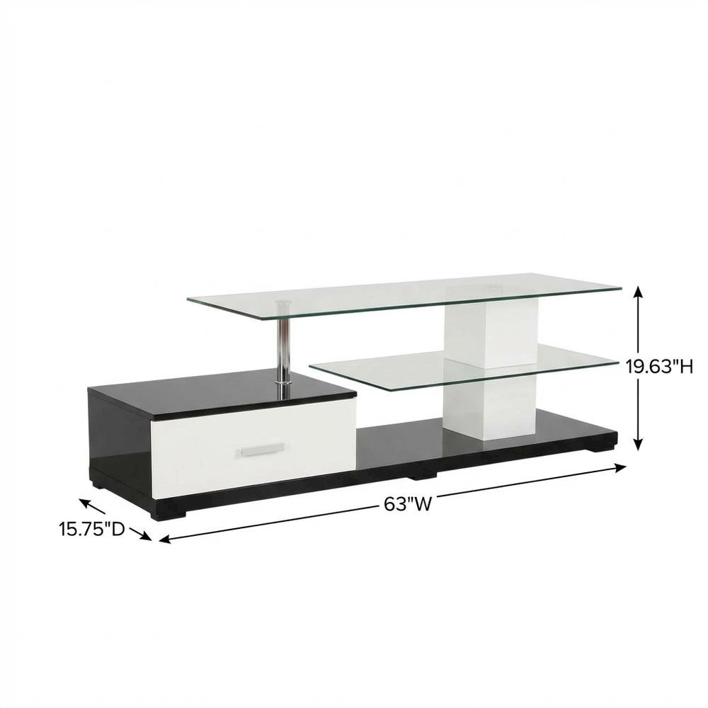 Modern White and Black TV Stand with Glass Shelves and Chrome Frame. Picture 7